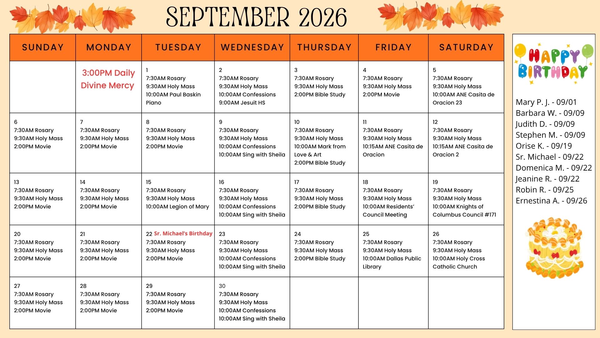 September 2026 activity calendar